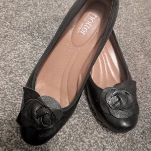 Hotter Black Leather Loafers with Floral Accent